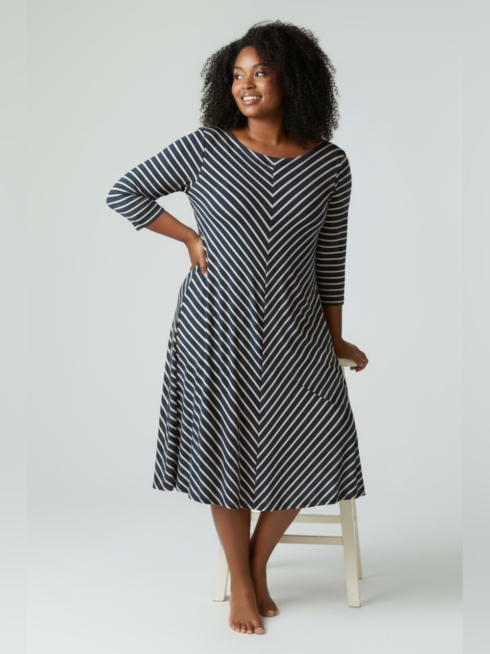 J. Jill Navy & Cream Chevron-Stripe A-Line Midi Dress